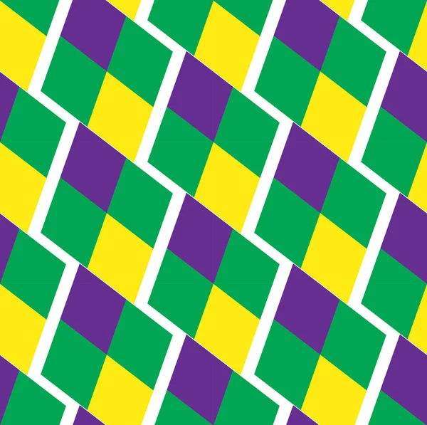 Mardi Gras patrón geométrico abstracto. Rombo púrpura, amarillo, verde que repite la textura. Fondo sin fin, fondo de pantalla, telón de fondo. Ilustración vectorial . — Vector de stock