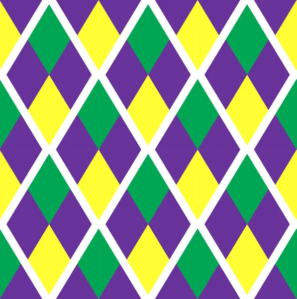 Mardi Gras padrão geométrico abstrato. Textura de repetição de losango roxo, amarelo e verde. Fundo sem fim, papel de parede, pano de fundo. Ilustração vetorial . — Vetor de Stock
