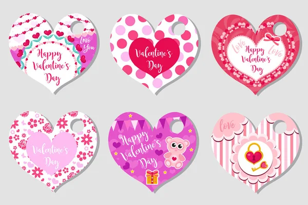 Happy Valentines Day tags set in the shape of a heart. Labels collection with cute love symbol, romance. Holiday card background templates for your design. Vector illustration. — Stock Vector