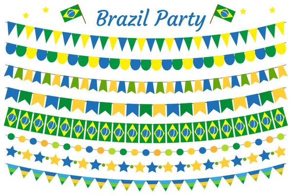 Brazil koszorúslány készlet. Brazil Ünnepi dekoráció díszítés. Parti elemek, zászlók. Elszigetelve, fehér háttérrel. Vektor illusztráció, clip art. — Stock Vector