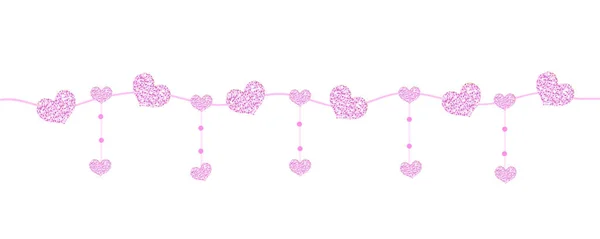 Happy Valentines day banner met harten gemaakt van glitter. Briljante horizontale randen. Romantisch schijnt sprankelende slingers, bunting. Vectorillustratie. — Stockvector