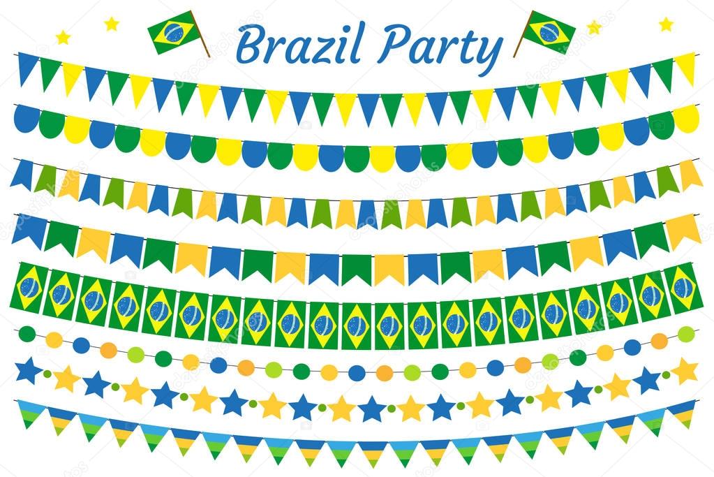 Brazil garland set. Brazilian Festive decorations bunting. Party elements, flags. Isolated on white background. Vector illustration, clip art.