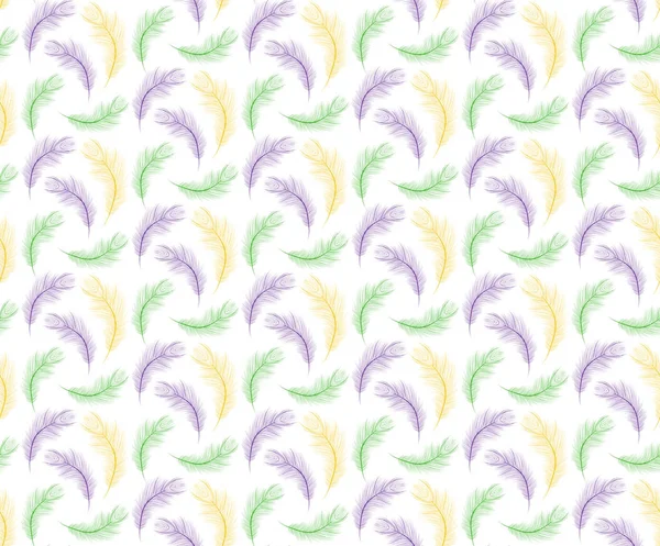 Mardi Gras motif sans couture avec des plumes pourpre, jaune, couleur verte. Mardi gras texture répétitive. Carnaval fond sans fin. Illustration vectorielle. — Image vectorielle