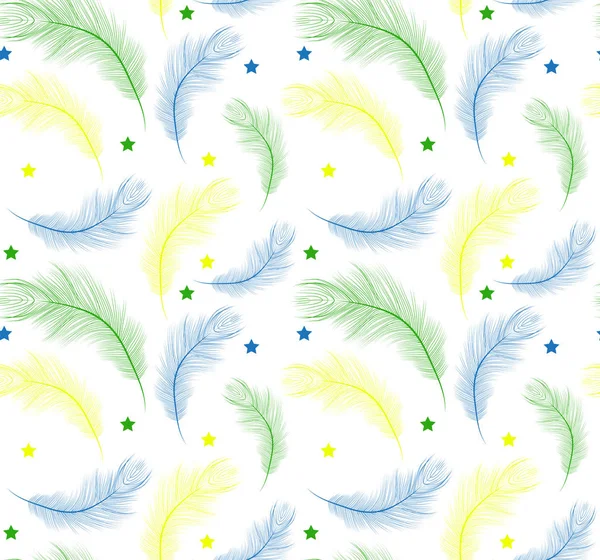 Brésil Carnaval motif sans couture avec des plumes bleu, jaune, couleur verte. Texture répétitive. Plume de paon fond sans fin. Illustration vectorielle — Image vectorielle