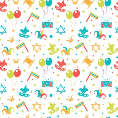 Karnaval seamless modeli. Purim Yinelenen doku. Tatil, maskeli balo, festival, doğum günü partisi. Sonsuz arka plan, zemin, duvar kağıdı, kağıt. Vektör çizim.