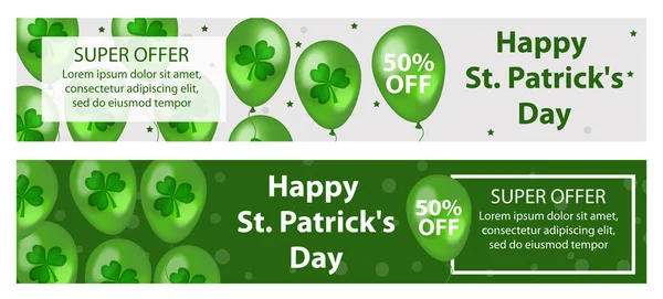 Happy St. Patricks Day conjunto de bandeiras horizontais com balões, trevo, trevo. Modelo para o seu design, folheto oferta especial, descontos, venda. Ilustração vetorial . — Vetor de Stock