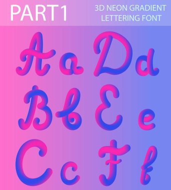 Neon yazı ile yuvarlak şekiller kümesi 3d. Tüp çizilmiş yazı. Boyalı harfler yazı tipi kümesi. Gece parlama efekti veya sıvı. Trendy alfabesi Latin harfleri a Z. vektör çizim.