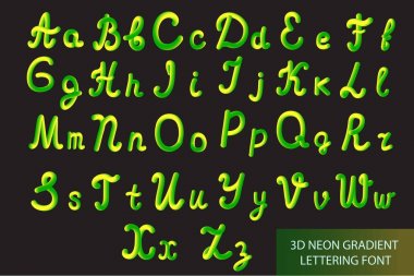 Neon 3D Typeset with Rounded Shapes. Tube Hand-Drawn Lettering. Font Set of Painted Letters. Night Glow Effect or liquid. Trendy alphabet Latin letters from A to Z. Vector illustration. clipart