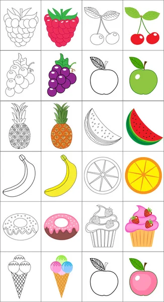 Libro para colorear, conjunto de páginas. Colección de frutas. Dibujo y versión en color. Colorear para niños. Educación infantil. Ilustración vectorial . — Vector de stock