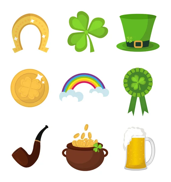 St. Patricks Day icône set élément design. Symboles irlandais traditionnels dans le style plat moderne. Isolé sur fond blanc. Illustration vectorielle, clip art. — Image vectorielle