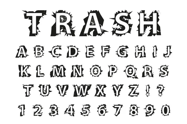 Papierkorb Typografie schmutzige Schrift. Schriftzug Garbage Grunge Stil. Mode Alphabet Rock lateinischen Buchstaben von a bis z. isoliert auf weißem Hintergrund. Vektorillustration. — Stockvektor