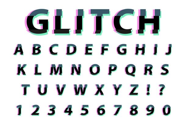 Glitch typography noise font. Lettering typeface distorted style. Trendy alphabet interference Latin letters from A to Z. Isolated on white background. Vector illustration.