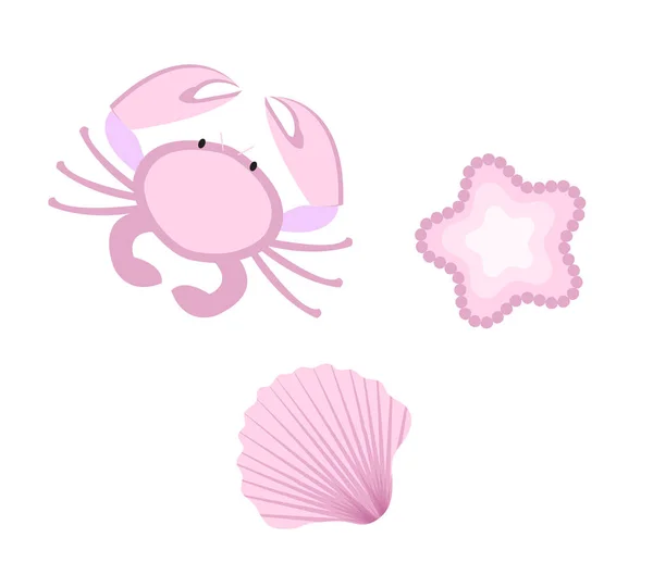 Lindo icono de cangrejo y concha marina, plano, estilo de dibujos animados. Aislado sobre fondo blanco. Ilustración vectorial . — Vector de stock