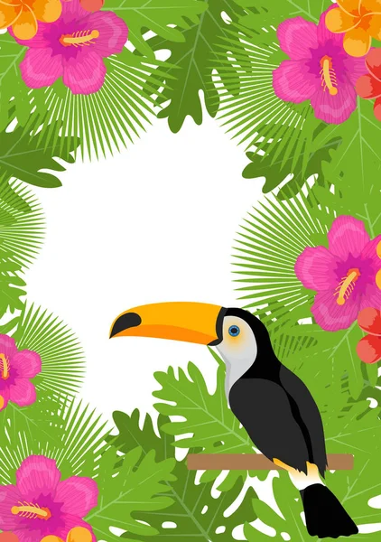 Cornice tropicale con fiori, piante e uccelli toucan. Modello floreale estivo per il tuo design. Sfondo esotico. Illustrazione vettoriale . — Vettoriale Stock