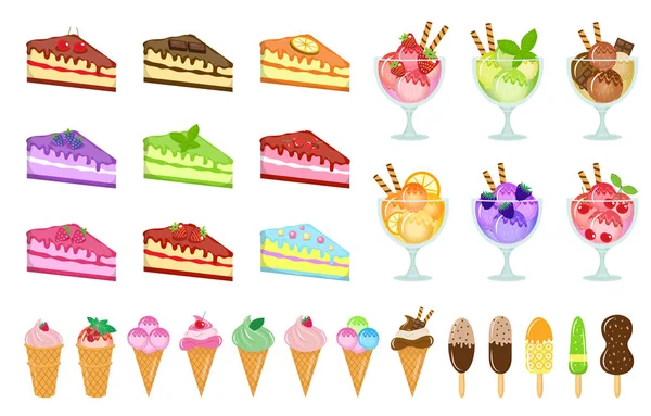 Солодощі великі набір ікон, торт і морозиво, чізкейк, десерт в скляній чашці, мультиплікаційний стиль. Торти різних смаків елемент колекції. Ізольовані на білому тлі. Векторні ілюстрації . — стоковий вектор