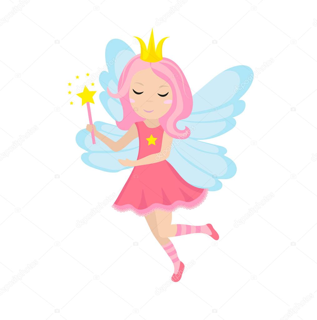 Cute little fairy icon, cartoon style. Isolated on white background. Vector illustration.
