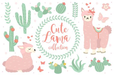 Cute lama set objects. Collection design elements with llama, cactus, lovely flowers. Isolated on white background. Alpaca princess character. Kids baby clip art funny smiling animal. Vector. clipart