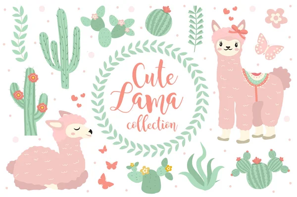Cute lama set objects. Collection design elements with llama, cactus, lovely flowers. Isolated on white background. Alpaca princess character. Kids baby clip art funny smiling animal. Vector. — Stock Vector