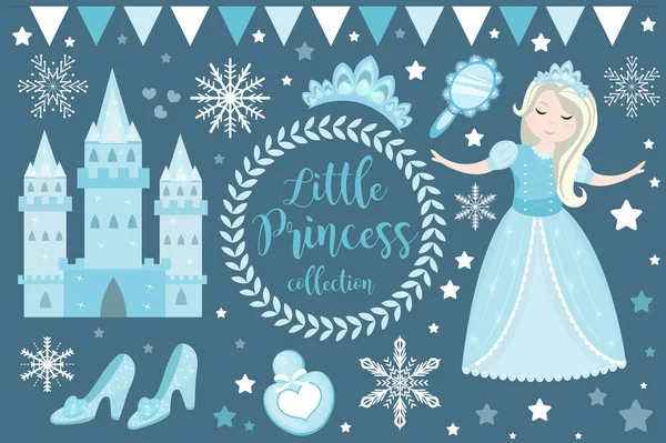 Cute little snow princess, cold queen objects set. Winter Collection design element with pretty girl, ice castle, mirror, crown, accessories. Kids baby clip art funny smiling character. Vector — Stock Vector