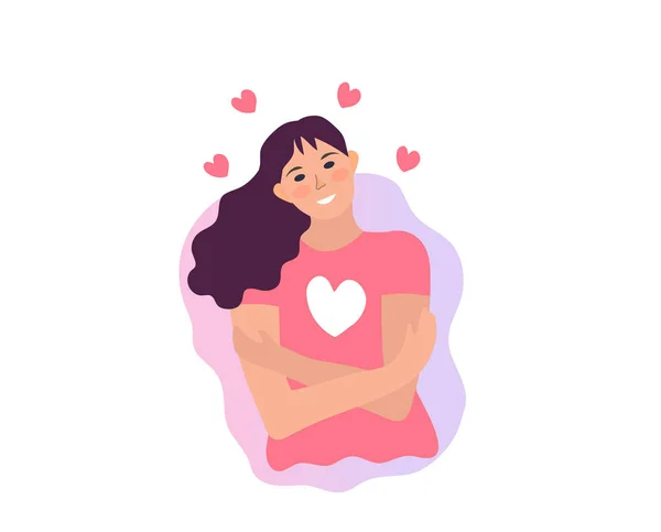 Liebe dich selbst, Mädchen umarmt sich. Narzisstische, selbstbewusste Menschen steigern das Selbstwertgefühl. Gesundheit, Pflege, Körper positives Konzept. Vektorillustration — Stockvektor