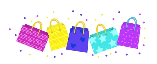 Lindo banner de bolsa de compras. Bolsas de compras coloridas con tablero de diseño diferente. Paquete regalo con espacio para texto. Ilustración vectorial — Vector de stock