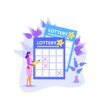 Başroldeki kız piyango, loto, piyango, keno. Modern illüstrasyon düz stil. Kalemi olan bir kadın bilete yazı yazar. Vektör
