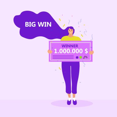 Bir milyon dolarlık çeki olan kız. Piyango kazananı, piyango konsepti. Düz modern illüstrasyon. Vektör