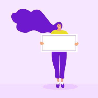 Kızın elinde boş bir form, poster ve metin kalıbı var. Düz modern illüstrasyon. Vektör