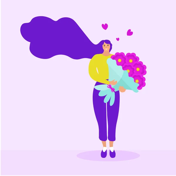 Chica tiene un ramo de flores, Día de San Valentín, 8 de marzo, concepto de entrega. Ilustración plana moderna. Vector — Archivo Imágenes Vectoriales