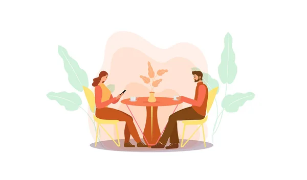 Een jongen en een meisje zitten aan een tafel in een café koffie te drinken. Vrouw en man in een restaurant, eerste afspraakje, afspraakje, liefde. Platte moderne illustratie. Vector — Stockvector