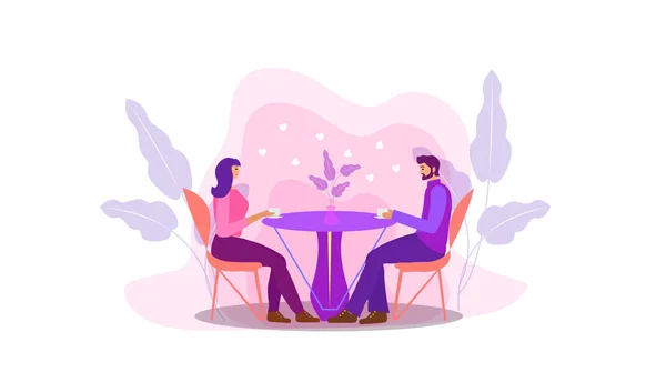Een jongen en een meisje zitten aan een tafel in een café koffie te drinken. Vrouw en man in een restaurant, eerste afspraakje, afspraakje, liefde. Platte moderne illustratie. Vector — Stockvector