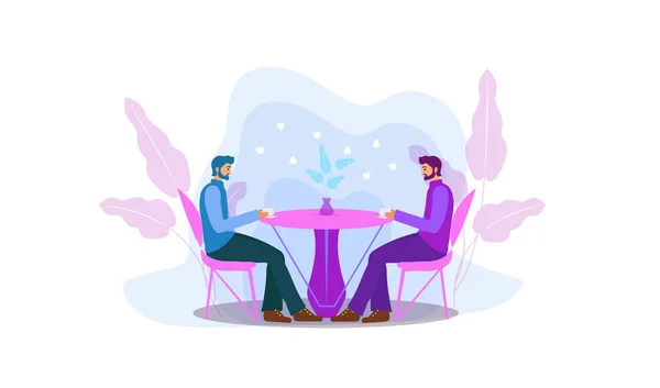 남자들은 카페에서 커피를 마시는 탁자에 앉아 있습니다. 식당에서 남자들의 동성애 사랑 데이트. 현대의 평평 한 그림. 벡터 — 스톡 벡터