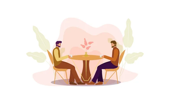 Os homens estão sentados numa mesa num café a beber café. Restaurante, homens de negócios, negociações de negócios. Ilustração moderna plana. Vetor — Vetor de Stock