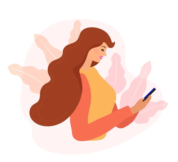 Frau schaut aufs Telefon und checkt soziale Netzwerke. virtuelle Kommunikation. Mädchen liest SMS-Chat. Online-Dating. Flache moderne Vektorillustration — Stockvektor