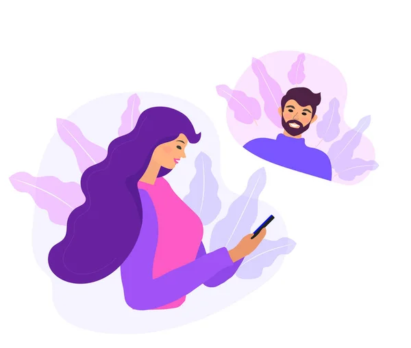 Een vrouw die naar de telefoon kijkt en sociale netwerken controleert. Virtuele communicatie. Meisje leest Sms chat. Online dating concept. Vlakke moderne vector illustratie — Stockvector