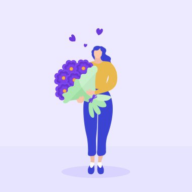 Kız elinde bir buket çiçek tutuyor, Sevgililer Günü, 8 Mart, teslimat konsepti. Düz modern illüstrasyon. Vektör