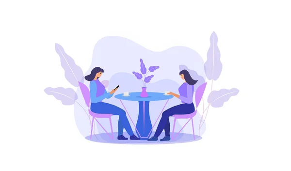 Mädchen sitzen an einem Tisch in einem Café und trinken Kaffee. Frauen in einem Restaurant, Freundinnen kommunizieren. flache moderne Illustration. Vektor — Stockvektor