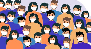 Maskeli insanlar, kalabalık, virüs koruması. Coronavirus konsepti. Düz stil simgesi. Beyaz bir arka planda izole edilmiş. Vektör illüstrasyonu