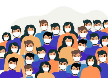 Maskeli insanlar, kalabalık, virüs koruması. Coronavirus konsepti. Düz stil simgesi. Beyaz bir arka planda izole edilmiş. Vektör illüstrasyonu