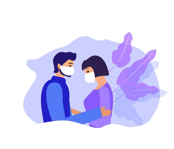 Pareja de amantes chico y una chica en máscaras protectoras. concepto de coronavirus. Ilustración vectorial — Vector de stock