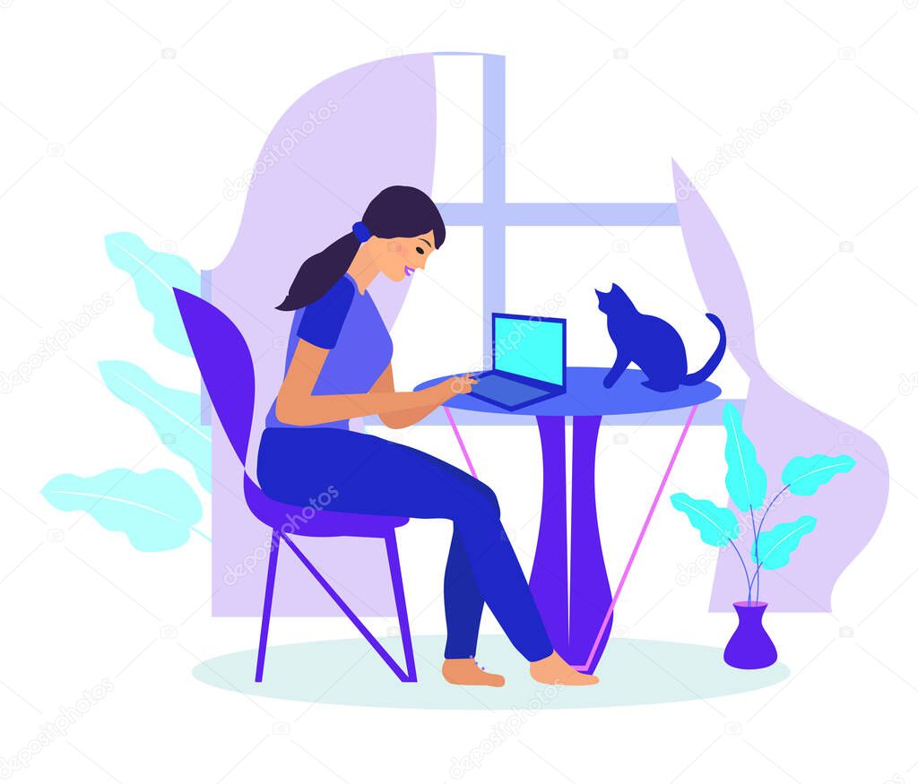 Work at home, freelance. Girl works on a laptop quarantined coronavirus. Young woman in telework self isolation. Vector illustration