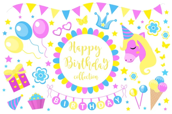 Happy birthday modern cute icons set, cartoon flat style. Party collection of design elements with unicorn, balloons, gerland, sweets. Candy and cake for childrens holiday kit. Vector illustration — Stock Vector