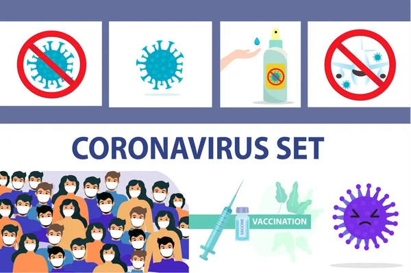 コロナウイルスのインフォグラフィックセット、アイコンフラットスタイル。COVID-19手消毒剤手治療、ウイルス標識を停止し、マスクした人、ワクチン接種。ベクターイラスト — ストックベクタ
