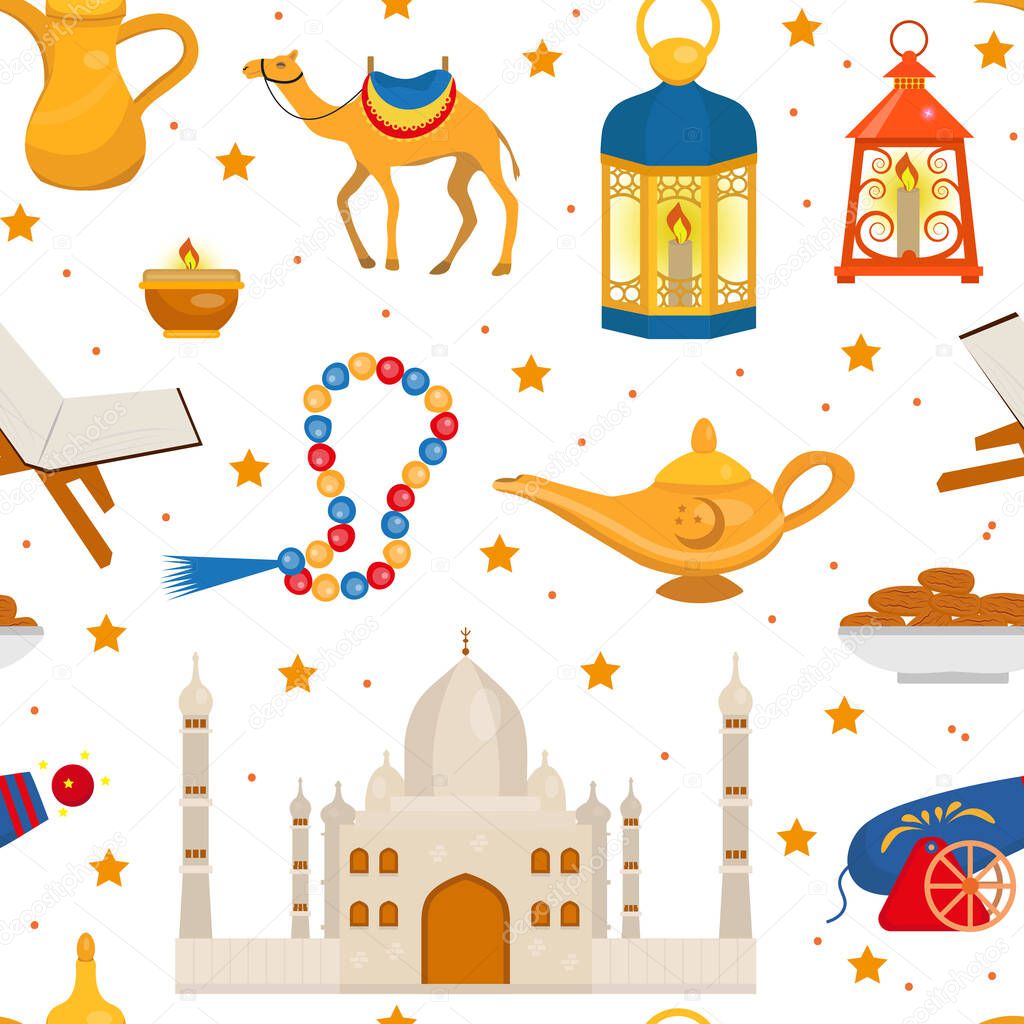 Ramadan kareem seamless pattern with arabic design elements camel, quran, lanterns, rosary, food, mosque. Vector illustration