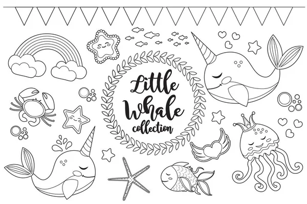 Маленький кит единорог напечатал книгу-раскраску для детей. Коллекция эскизов элементов дизайна. Детский клип-арт смешной улыбающийся набор. Векторная иллюстрация — стоковый вектор