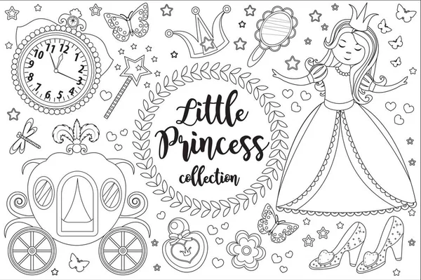 Мила маленька принцеса Попелюшка набір Розмальовка сторінка для дітей. Колекція стилю ескізів елементів дизайну. Дитячі кліп-арт смішний усміхнений набір. Векторні ілюстрації — стоковий вектор
