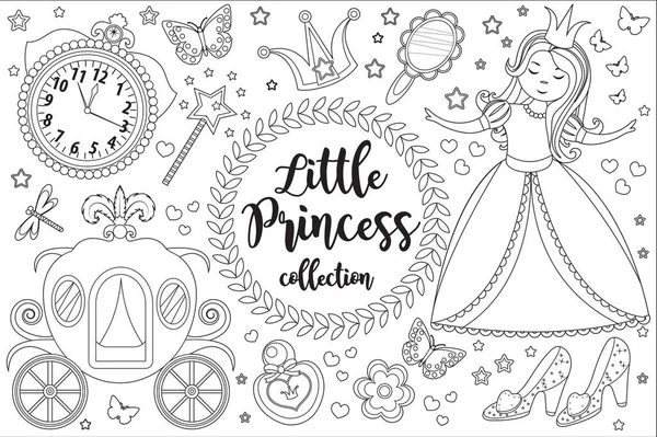 Niedliche kleine Prinzessin Aschenputtel Set Malbuch Seite für Kinder. Sammlung von Design-Elementen skizzieren Umrissstil. Kinder Baby Clip Art lustig lächelnd Kit. Vektorillustration — Stockvektor