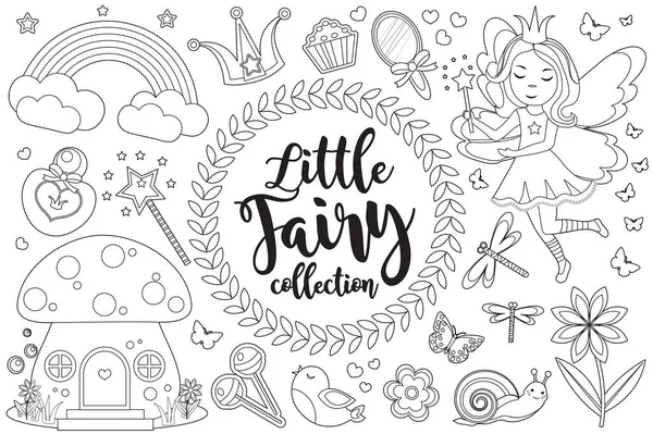 Cute little fairy zestaw kolorowanki dla dzieci. Kolekcja elementów projektu szkic stylu konturu. Dziecięcy klip artystyczny śmieszny zestaw do uśmiechu. Ilustracja wektora — Wektor stockowy