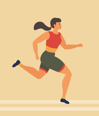 Kadın maraton koşar, atlet yarışır, mesafeyi aşar. Spor kızları, kardiyo çalışması. Vektör illüstrasyonu