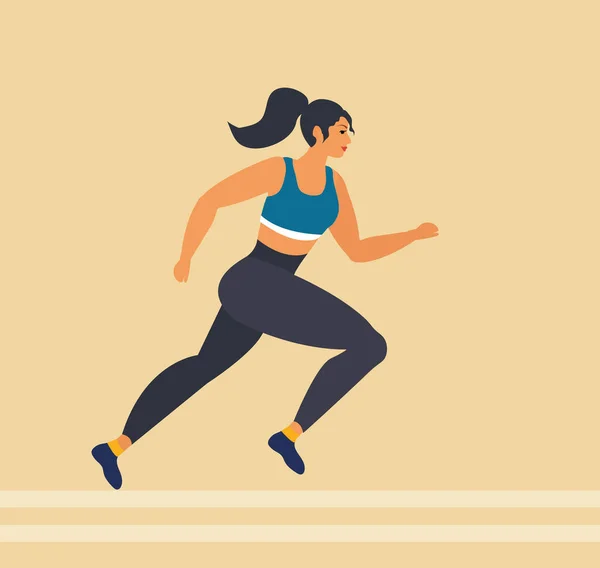 Mujer corre maratón, atleta realiza una carrera, superando la distancia. Deportivas, ejercicios cardiovasculares. Ilustración vectorial — Vector de stock